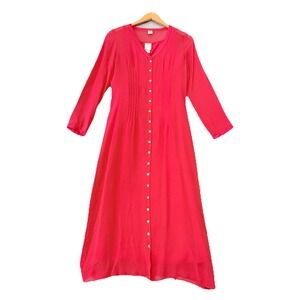 Garnet Hill Silk Midi Dress Womens 4 Pink Pintuck‎ Button Front Sheer Two Layer